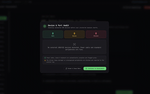 CodeSpectra Device Audit :: Detects USB/HID/storage devices during proctored assessments. Pen drives, peripherals, and hotplug events flagged in real time.