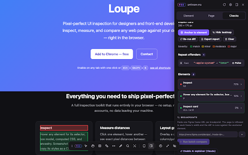 Loupe — Pixel-Perfect UI Inspection :: Inspect, measure, and analyze any web UI. Box model, computed CSS, layout grids, rulers, color picker, responsive mode.