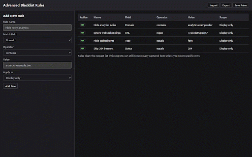 HTTP Header Network Monitoring :: Persistent tab-scoped HTTP monitor with headers, bodies, docked DevTools panel, blacklist rules, resend, and HAR/JSON exports.