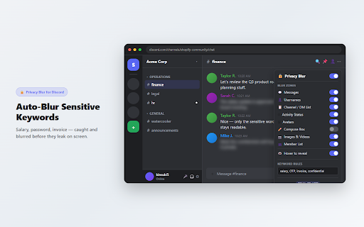 Privacy Blur for Discord — Hide Messages & DMs While Streaming :: Hide & blur Discord DMs, usernames & avatars before streaming or screen sharing. Hover to peek.