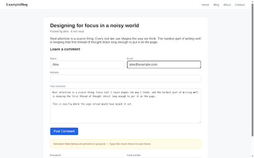 Typio Chrome Form Recovery NG :: Auto-save and recover text from web forms. Privacy-first, no servers, no telemetry. Typio-style form autosave and recovery.