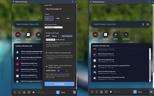 Midcloud Browser - Sidebar Browser with Toolbar :: A Chrome extension with a sidebar browser featuring a bottom toolbar with home, reload, address bar, and settings.