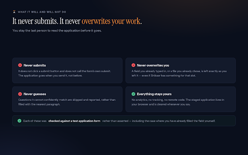 Shikaar :: Attaches your tailored resume and cover letter and drafts the written answers on job application forms. Never submits anything.