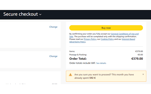 SpendGuard for Amazon™ :: Track and control Amazon™ spending. Floating widget, checkout warnings, time-lock blocking. Privacy-first.
