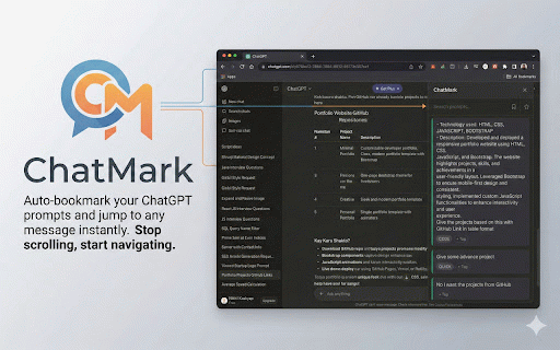 ChatMark :: Auto-bookmark your ChatGPT prompts and jump to any message instantly. Stop scrolling, start navigating.
