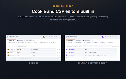 OpenModHeader :: Add, rewrite, and remove HTTP request and response headers. Organise rules into profiles and scope them with URL filters.