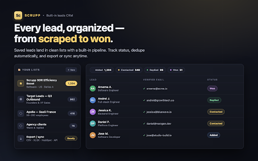 Scrupp — Email Finder for LinkedIn & Sales Navigator :: Find verified business emails & phones on LinkedIn. Export leads & Sales Navigator searches to CSV in one click. Free credits.