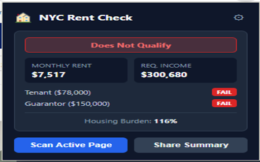 NYC Rent Prequalification :: Instantly check if your income or guarantor qualifies you for NYC rental listings on any website.