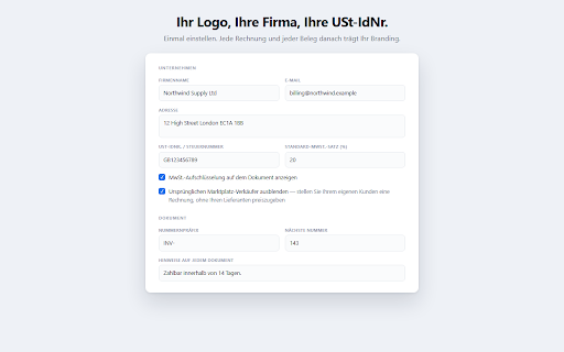 Invoice & Receipt Generator for Orders :: Turn any online order into a clean PDF invoice or receipt. Bulk export, CSV for bookkeeping, VAT fields. Works fully offline.