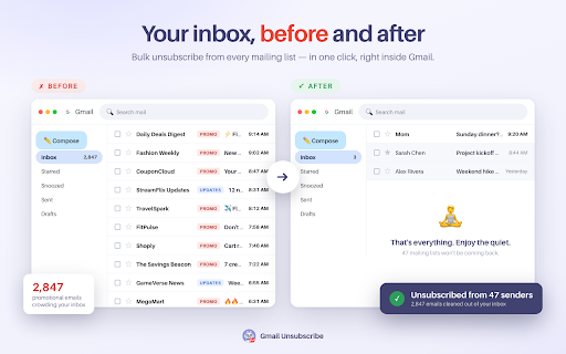 Gmail Unsubscribe - bulk email unsubscription :: Unsubscribe from all unwanted emails in bulk with one click. Take back control of your inbox! From the makers of Baxter.