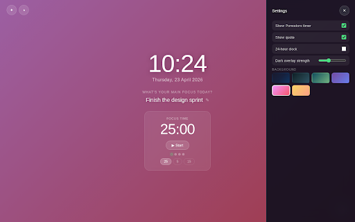 FocusTab — Minimal New Tab :: Replace your new tab with a calm focus dashboard. Daily intention, Pomodoro timer, clock, quotes. Free forever.