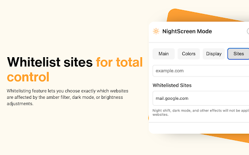 NightScreen Mode: Dark Mode & Eye Strain Relief :: Adjust display settings for comfortable night viewing with BW mode, amber filters, and site whitelisting