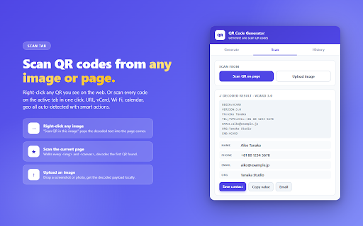 QR Code Generator & Scanner :: Generate and scan QR codes. Custom colors, logo embed, vCard / Wi-Fi / event templates, bulk CSV export, and history.