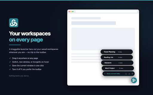 Knottify :: Save named tab workspaces and switch instantly — from the toolbar or a draggable launcher on any page. Backup and restore.