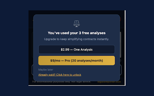 LegalSimplifier - Understand Any Contract :: Highlight any legal text and get a plain-English summary with risk flags in 30 seconds. No lawyer needed.