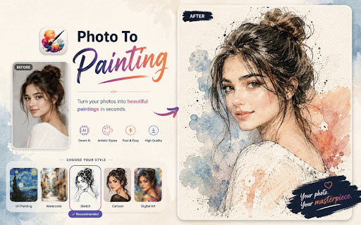 Photo To Painting - AI Art Converter :: Transform photos into paintings, sketches, watercolor, oil art, pop art, and more directly in Chrome using our AI photo to painting…