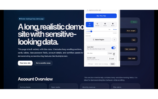 BlurMyScreen :: Blur, mosaic, cover or blackout any tab. Regional blur, auto-blur, PIN lock, focus timer & boss screen. 100% local, no data.