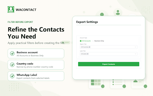 WAContact: WA Contact Export - Save Contacts to Excel/CSV/VCard :: Export WhatsApp contact to Excel, CSV or VCard, download group member and chat with media. Processed locally.