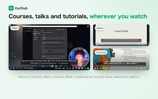 YouTube Dubbing Extension: Hear Any Video in Your Language - EarDub :: Real-time AI dubbing for YouTube and online courses: smart AI translation, synced to the speaker, even without captions. Free plan.
