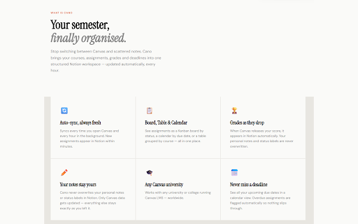 Cano :: Sync your Canvas assignments, grades and courses to Notion automatically.
