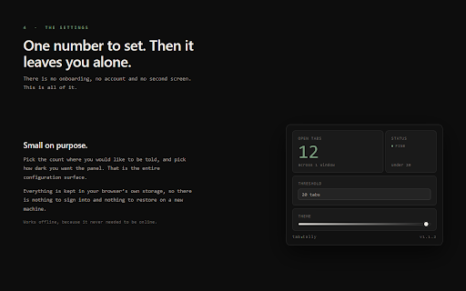 tab•tally — Open Tab Counter & Warning :: Counts your open tabs and warns you quietly when they pile up. Local only — no accounts, no tracking, nothing leaves your browser.
