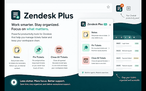 Zendesk Plus :: Supercharge your Zendesk — close all tabs, pin tickets, personal notes, undo send, ticket ID copy, screenshots and more.