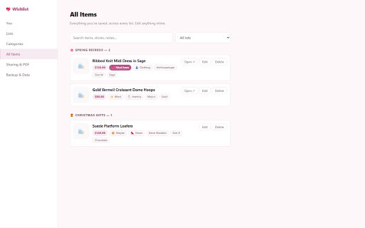 Wishlist — Save Anything You Want :: Right-click to save anything you want from any store. Organize by list & category, track prices, and share a beautiful wishlist PDF.
