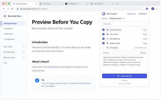 Tab Copier - Copy Tabs as Markdown :: Copy selected tabs as Markdown, title + URL text, or URL-only lists. Preview before copying.
