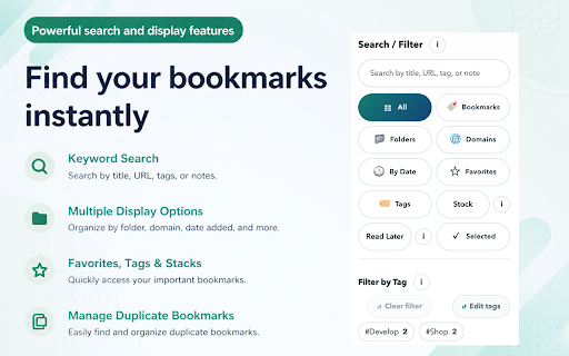 Bookson :: View and manage bookmark folders and bookmarks with tags, multi-select, drag and drop, export, and import.