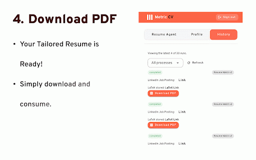 Metric CV :: A browser extension to help you alter your CV effortlessly using AI, providing perfectly tailored resumes for any job application.
