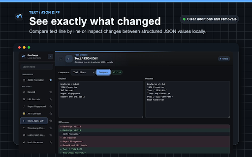 DevForge :: Format JSON, decode JWTs, compare text, convert timestamps, generate IDs and hashes, and encode Base64 or URLs locally.