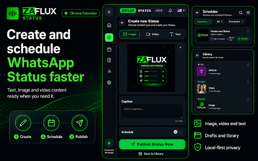 ZAFLUX STATUS for WhatsApp Web :: Create, schedule and publish WhatsApp Status directly from WhatsApp Web.