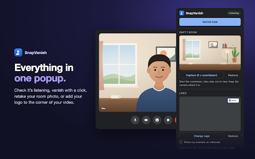 SnapVanish for Google Meet :: Snap your fingers to fade out of your Google Meet call, camera and mic. Snap again to come back.