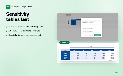 XLKeys - Excel Shortcuts for Google Sheets :: Bring Excel keyboard shortcuts, formula auditing, Goal Seek, Sensitivity Tables, and formatting tools to Google Sheets.
