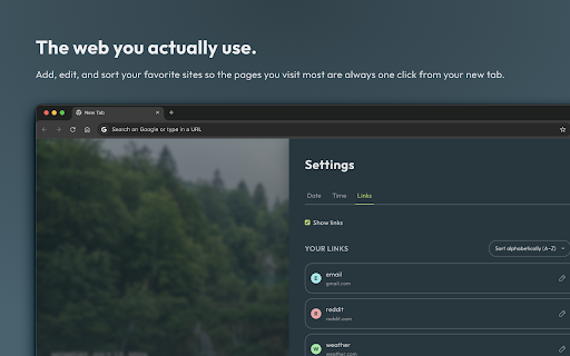 newleaf :: Beautiful, calm, and fast new tab page with date, time, and your favorite links. No clutter, no permissions, no tracking.