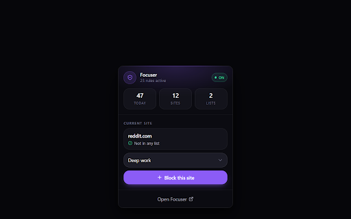 Focuser :: Blocks distracting sites so you stay focused. Enforces the block lists you set in the Focuser desktop app.