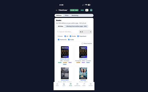 TitleVitals Sync :: Your whole Amazon KDP catalog in one dashboard: sales, KENP page reads, ranks, reviews, and true category percentiles.