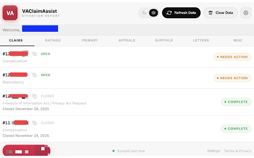 VAClaimAssist :: Track your VA disability claims — primary, supplemental, HLR & appeals — with smart caching and plain-English explanations.