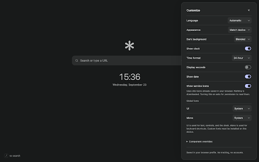 Helium New Tab :: Unofficial Helium-style new tab with 10,000+ local bangs, a clock, custom fonts and synced settings. No tracking.