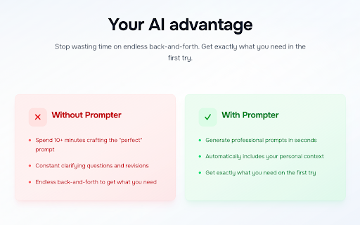 Prompter AI: Your Personal AI Prompt Engineer - ChatGPT Prompt Generator :: Generate personalized prompts in ChatGPT, Claude, Gemini, Perplexity, Grok, and more.