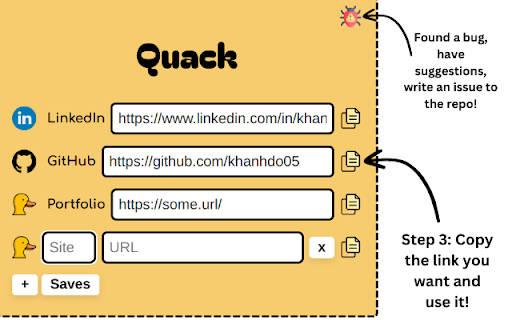 quack :: Quickly copy-paste GitHub, LinkedIn, and portfolio links for job applications using Quack.