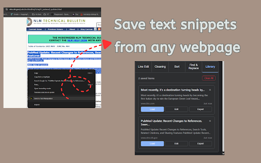 Text Manipulator :: Save text snippets from any page. Clean duplicates, sort lines, extract columns, regex find-replace. Built-in text library.