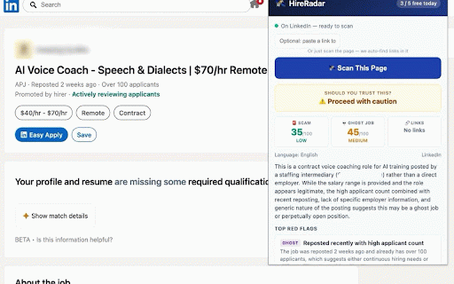 HireRadar – AI Job Scam & Ghost Job Detector :: Spot job scams, ghost jobs, and dangerous links instantly. AI-powered analysis on LinkedIn, Indeed, WhatsApp, and more.
