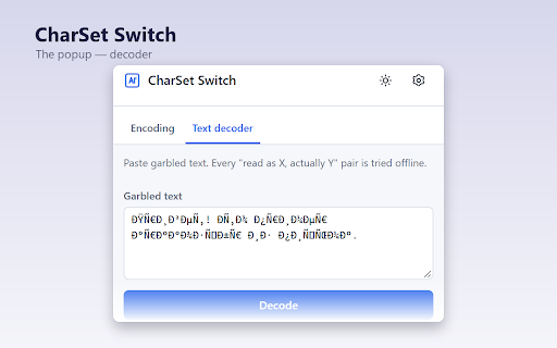 CharSet Switch :: Fix garbled text: switch the character encoding a web page is decoded with, with offline auto-detection.