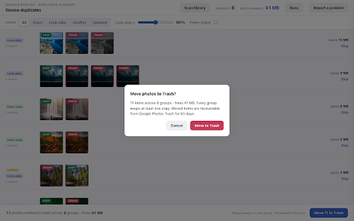 PhotoDeduper: Duplicate Photo Cleaner for Google Photos :: Find and delete duplicate photos in Google Photos, in place. On-device, trash-only, recoverable for 60 days.