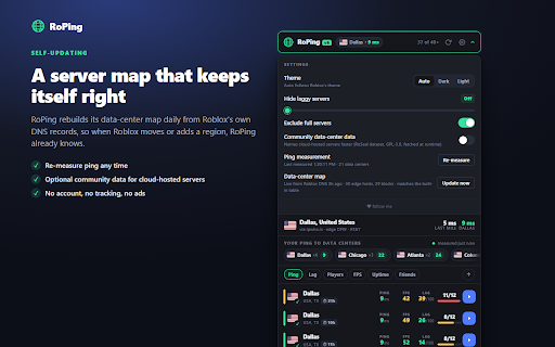 RoPing :: Find the best Roblox server: verified data-center locations, your real measured ping, FPS, lag score, friends and one-click join.