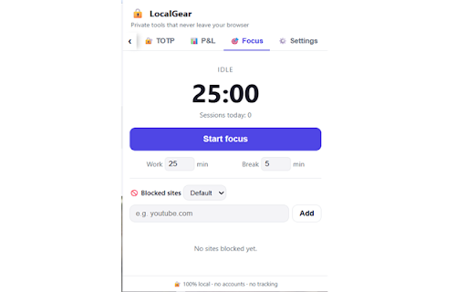 LocalGear — Private Clipboard, Notes, 2FA & Focus :: Private clipboard, encrypted notes, TOTP 2FA, P&L scenarios & a Pomodoro focus blocker — all local, nothing leaves your browser.