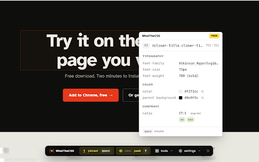 WhatTheCSS :: Inspect CSS on any site: colors, fonts, contrast, box model. Tweak it live and copy the CSS. Built for developers and designers.