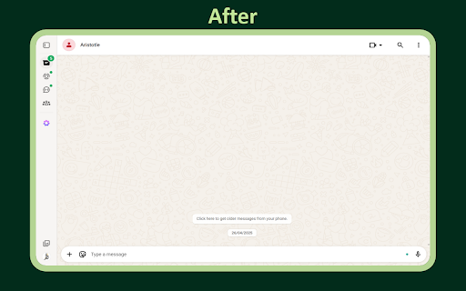 WA Web Sidebar Toggle :: Hide or show the WhatsApp Web sidebar with one click or Alt+S distraction-free chats, clean screen sharing and multi-tasking.