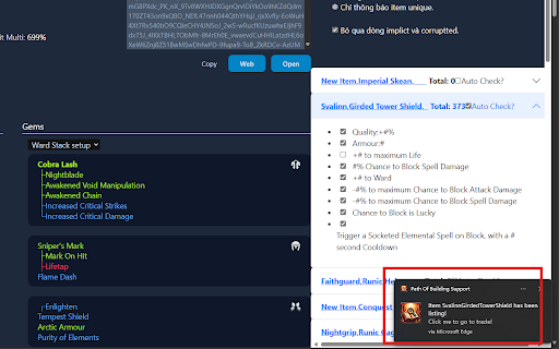 Path Of Building Support :: Extension helps optimize and support users in buying and selling items by scanning items in PoB.